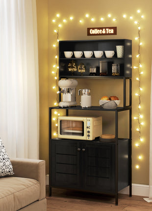 Baker's Rack with Power Outlet and Storage Shelves, Microwave Stand with Louvred Door Cabinets, Black