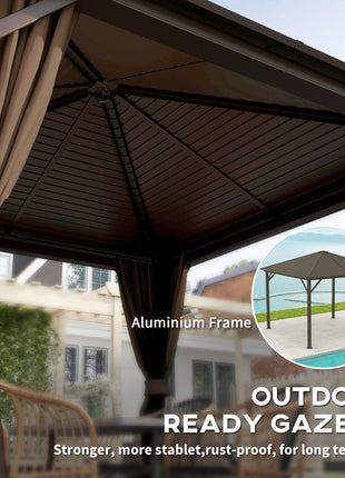 10' x 10' Hardtop Gazebo Canopy, Permanent Pavilion with Hook, Curtains, Aluminum Frame for Patio, Garden, Dark Brown