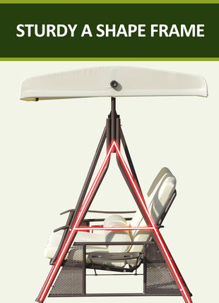 2-Person Patio Swing Bench with Adjustable Shade Canopy, Soft Cushions, Throw Pillows and Tray, Beige.