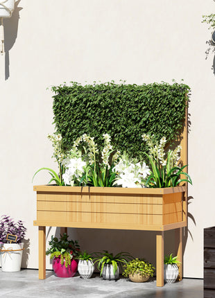 Elevated Wood Planter with Trellis for Climbing Plants, Raised Garden Bed with Legs and Drainage Holes, Natural Wood