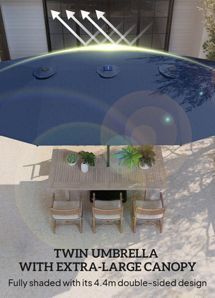 Garden Parasol 14.4ft Double-Sided Sun Umbrella with Base, Patio Parasol with LED Solar Lights, Navy Blue