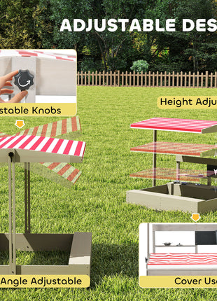 Kids Sandbox with Height Adjustable Canopy, Wooden Sandbox Backyard Toy with Kitchen Playset Accessories, Outdoor Activity Gift for Girls and Boys, Ages 3-7