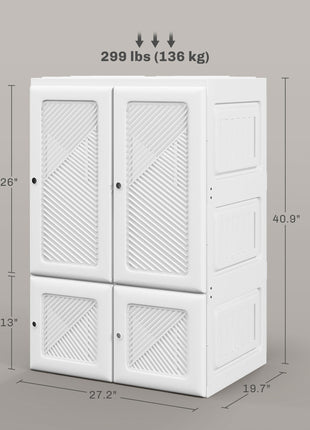 Portable Wardrobe, Foldable Clothes Storage Organizer with 3 Compartments, Hanging Rod, Magnet Doors, White