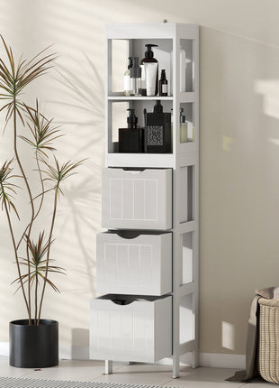 Narrow Bathroom Storage Cabinet, Bathroom Cabinet with 3 Drawers & 2 Open Shelves, Slim Bathroom Floor Cabinet, White