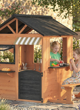 Wooden Kids Playhouse with Play Kitchen, Picnic Bench, Serving Station, Windows and Door for Backyard, Ages 3–8, Brown