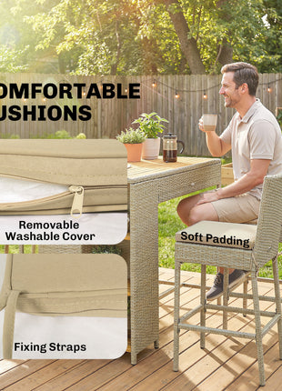 5 Piece Wicker Outdoor Bar Set, Acacia Wood Outdoor High Top Table and Chairs with 3 Tier Shelves, Cushions, Brown