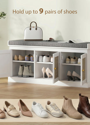 Shoe Storage Bench with Woven Rattan Doors, Shoe Bench with Cushion, Adjustable Shelves, Entryway Bench, White