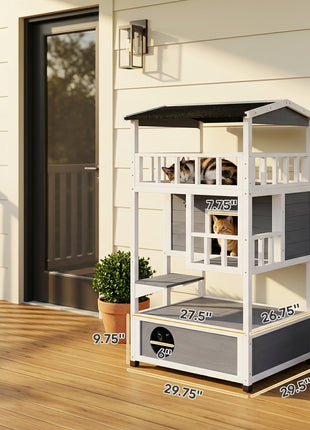 Wooden Outdoor Cat House, Feral Cat Shelter Kitten Condo with Asphalt Roof, Escape Doors, Condo, Jumping Platform, Gray