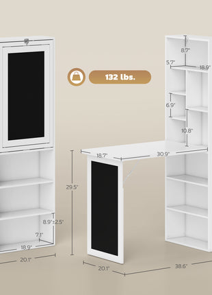 Fold-out Convertible Office Desk, Wall Mount Computer Desk with Blackboard and Side Shelf, White