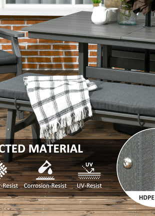 6 Pieces Patio Dining Set, 6 Seater Outdoor Table and Chairs, Conversation Furniture, Armrests, Loveseat Bench, Dinner Table with Umbrella Hole, Cushions, Dark Gray