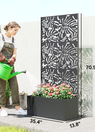 Metal Planter Box with Trellis, 71" Tall Raised Garden Bed with Privacy Screen and Drainage Holes, Banana-Leaf Cut-Outs