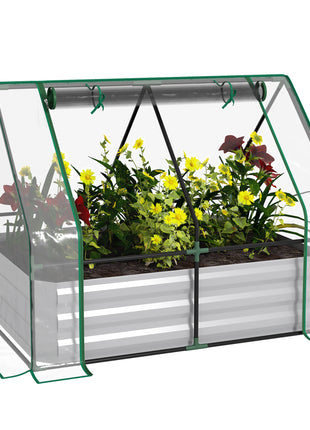 Raised Garden Bed with Cover, Outdoor Galvanized Metal Planter Box Kit, 4 x 3 ft Mini Greenhouse with 2 Large Screen Windows, for Growing Flowers, Vegetables and Herbs, Clear
