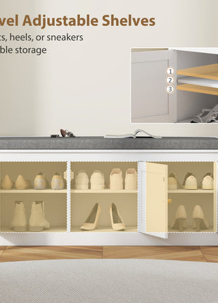 Shoe Storage Bench with Woven Rattan Doors, Shoe Bench with Cushion, Adjustable Shelves, Entryway Bench, White