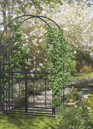 81" Metal Garden Arbor with Double Doors, Locking Gate, Climbing Vine Frame with Heart Motifs, Arch for Wedding, Bridal Party Decoration, Grey