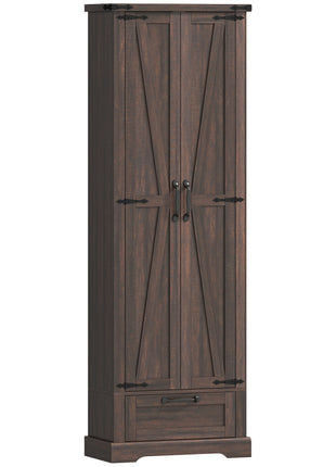 71" Pantry Cabinet, Kitchen Storage Cabinet with Adjustable Shelves, Barn Doors and Drawer for Dining Room, Brown
