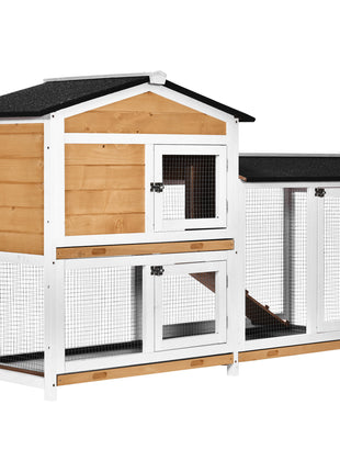 62" Rabbit Hutch, Wooden Bunny Hutch, Guinea Pig Cage, Small Animal Enclosure with Run Area, Removable Tray, Asphalt Roof, Lockable Doors and Ramp, for Rabbits, Chickens, Ducks, Nature Wood