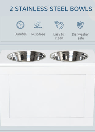 Raised Pet Feeding Storage Station with 2 Stainless Steel Bowls Base for Large Dogs and Other Large Pets, White