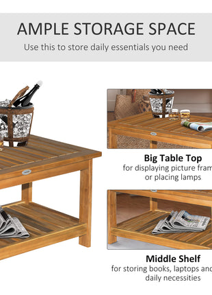 36" Outdoor Coffee Table 2-Shelf Acacia Wood Rectangular Buffet Storage Organizer Natural Finish Teak Patio, Deck, Lawn, Garden