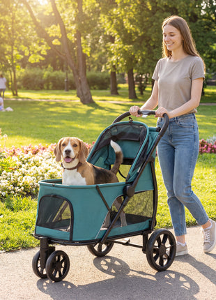 3 Wheel Pet Stroller with Easy One-Click Quick Fold, Mesh Window, Washable Cushion, for Medium Dogs, Dark Green
