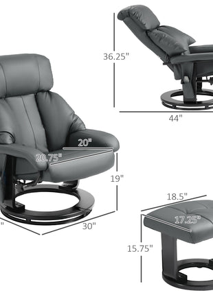 Swivel Recliner with Ottoman, Faux Leather Reclining Chair with Massage, Footstool Remote and Side Pocket, Gray