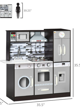 Wooden Play Kitchen with Lights Sounds, Kids Kitchen Playset with Washing Machine, Water Dispenser, Microwave, Range Hood, Refrigerator, Utensils, Gift for 3-6 Years Old