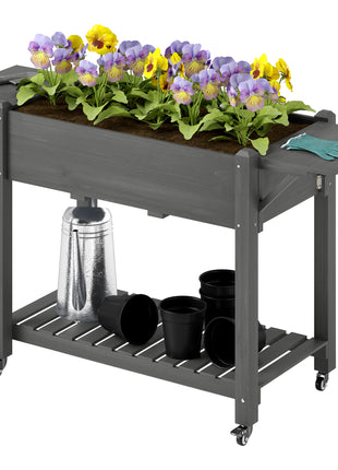 Wood Raised Planter Box, Elevated Garden Bed with Lockable Wheels, Side Tables, Bottom Shelf, Drain Holes, Gray