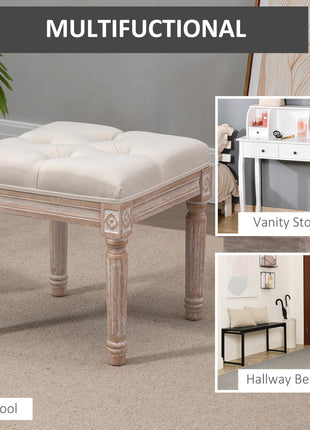 Ottoman Bench Vintage Footrest w/ Button Tufted Seat, Carved Wooden Legs, Beige