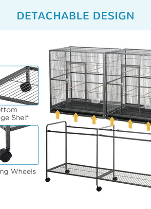 Rolling 65"L Bird Cage w/ Storage Shelf Wood Perch Food Container
