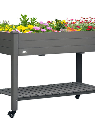 47" x 21" Raised Garden Bed Elevated Wooden Planter Box w/ Lockable Wheels, Storage Shelf for Backyard, Dark Gray