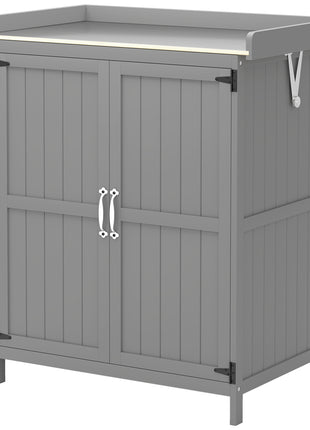 Outdoor Storage Cabinet, Garden Tool Shed with Metal Tabletop and Shelf, Wooden Potting Bench with 2 Doors, Gray