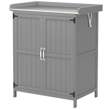 Outdoor Storage Cabinet, Garden Tool Shed with Metal Tabletop and Shelf, Wooden Potting Bench with 2 Doors, Gray