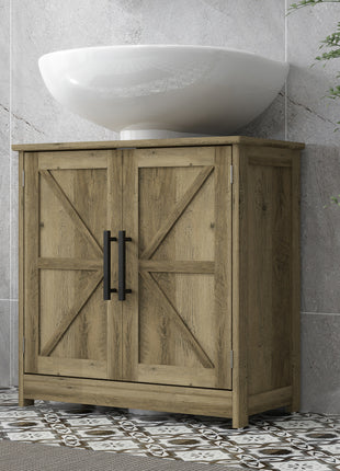 Farmhouse Pedestal Sink Storage Cabinet, Bathroom Sink Cabinet with 2 Barn Doors and Adjustable Shelf, Light Gray