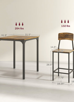 3 Piece Pub Table and Chairs, Small Kitchen Table and Chairs, Square Dining Table with 2 Stools, Rustic Brown and Black