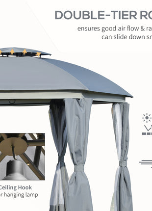 12' x 12' Round Outdoor Gazebo, Patio Dome Gazebo Canopy Shelter with Double Roof, Netting Sidewalls and Curtains, Zippered Doors, Strong Steel Frame, Grey
