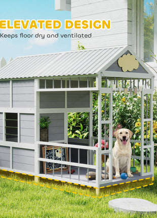 79"L Large Dog House Outdoor, Wooden Dog Kennel with Porch, Storage Cabinet,Weatherproof Roof, Windows