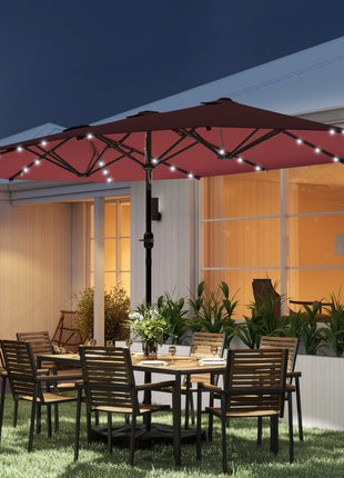 Garden Parasol 14.4ft Double-Sided Sun Umbrella with Base, Patio Parasol with LED Solar Lights, Wine Red
