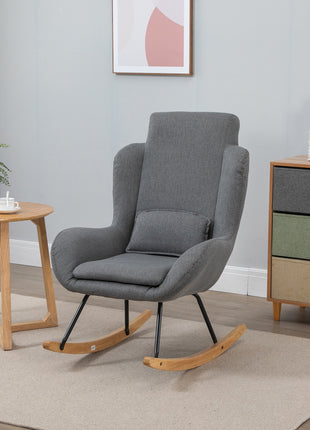 Modern Rocking Chair with Removable Lumbar Pillow Fabric Sofa Armchair with Thick Padding, Metal Frame, Wood Base for Living Room, Light Gray