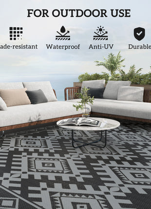 Reversible Outdoor Rug, Waterproof Plastic Straw with Carry Bag, 9' x 18', Black & Gray Rhombus Border