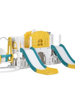 8 in 1 Toddler Slide and Swing Set w/ 2 Slides, Basketball Hoop, Climber, Storage Space Telescope, Yellow