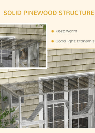 Catio Playground Cat Window Box Outside Enclosure for Multiple Cats w/ Shelves & Bridges, Gray
