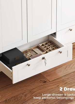 3 Doors Wardrobe Closet with 2 Drawers, Bedroom Armoire with Lockable Drawer, Hanging Rod and Storage Shelves, White