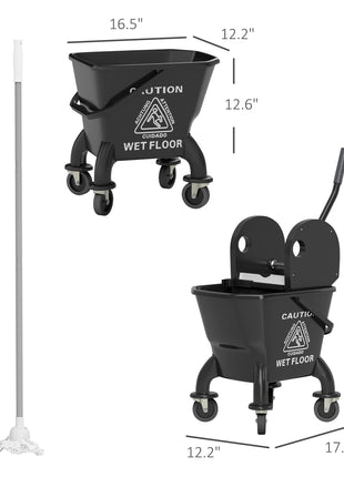 Mop Bucket with Wringer on Wheels for Floor Cleaning, 27.5 Quart Down Press Wringer with Handle and Mop, Black