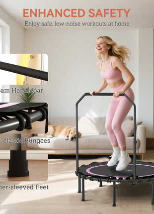 48" Rebounder Trampoline for Adults, Foldable Mini Trampoline with Adjustable Handle Bar for Indoor Outdoor, Pink