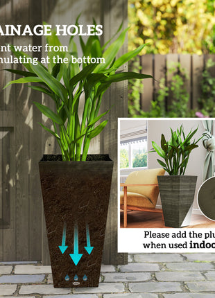 Set of 3 Tall Planters, 28" Outdoor Planter w/ Drainage Holes, Faux Wood Plastic Flower Pots, Dark Brown