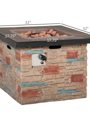 32 Inch Outdoor Propane Gas Fire Pit Table, 50,000 BTU Auto-Ignition Square Faux Ledge Stone Gas Firepit with Lava Rocks and Rain Cover, CSA Certification, Brown