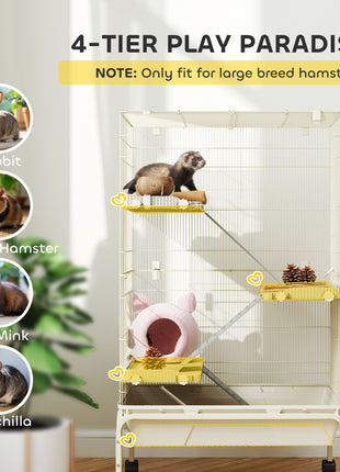 47" Small Animal Cage, 4 Levels Large Rolling Metal Ferret Cage w/ 5.9" Deep Tray, Ramps, Water Bottle, Food Dish, Beige