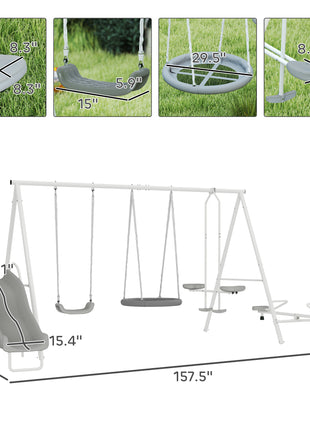 5 in 1 Kids Swing Set for Backyard with Heavy-Duty A-Frame Stand, Saucer Swing, Slide, Seesaw, Glider, Swing Seat, Gray