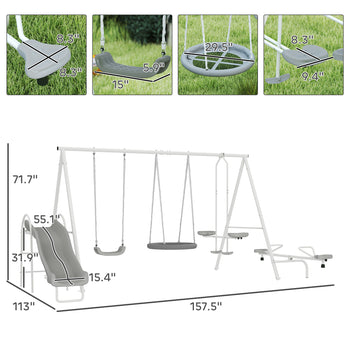5 in 1 Kids Swing Set for Backyard with Heavy-Duty A-Frame Stand, Saucer Swing, Slide, Seesaw, Glider, Swing Seat, Gray