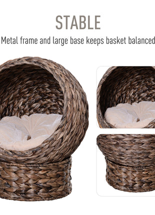 Handwoven Elevated Cat Bed with Rotating Basket and Soft Cushion, Wicker Cat Egg Chair with Stand, Brown