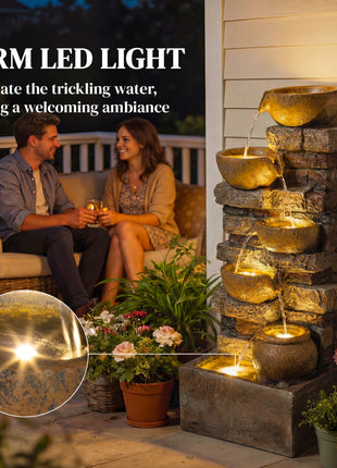 28" Outdoor Fountain with 5-Tier Rustic Jugs, Cascading Waterfall with LED Lights, Adjustable Flow, Rustic Brown